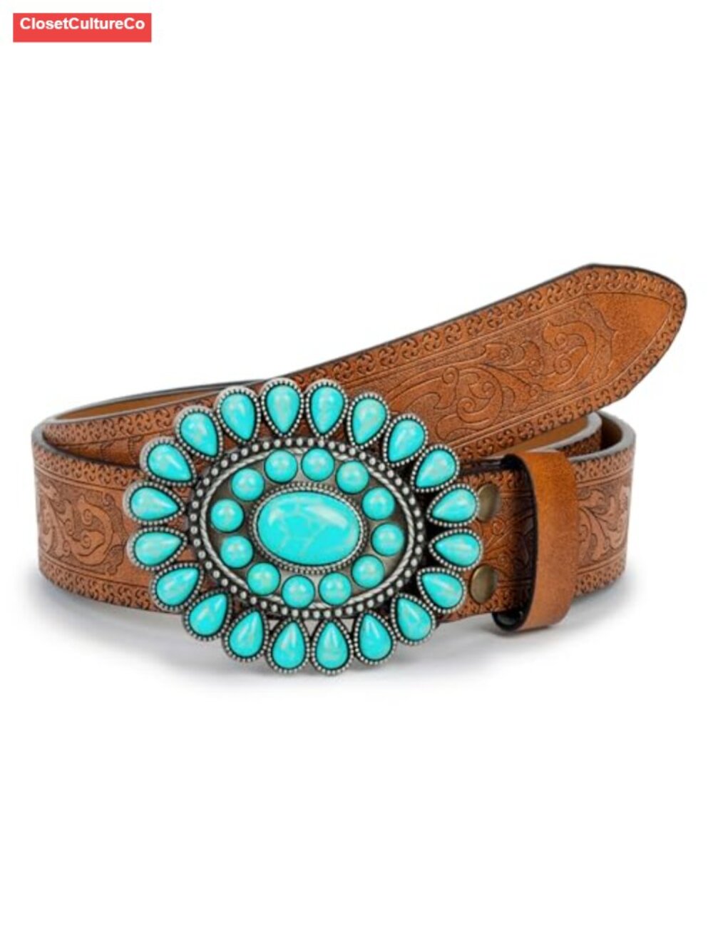 Western Cowgirl Belt PU Leather Turquoise Buckle Fit Waist 32-38